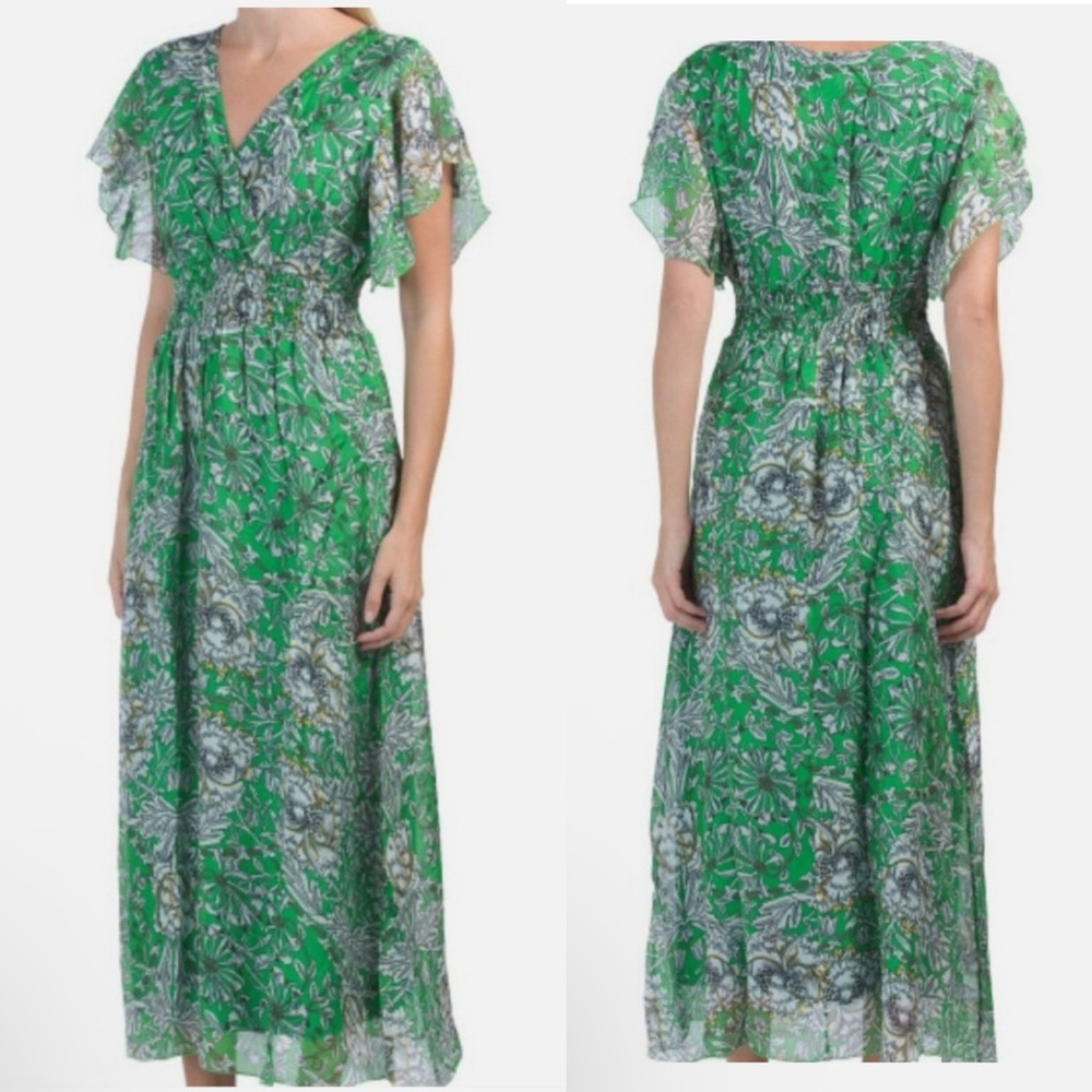 Le Ragazze green floral maxi short sleeve wrap dress silk blend